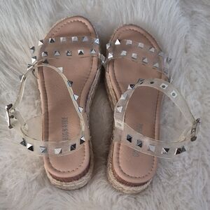 Clear Studded Espadrille Sandals in Nude